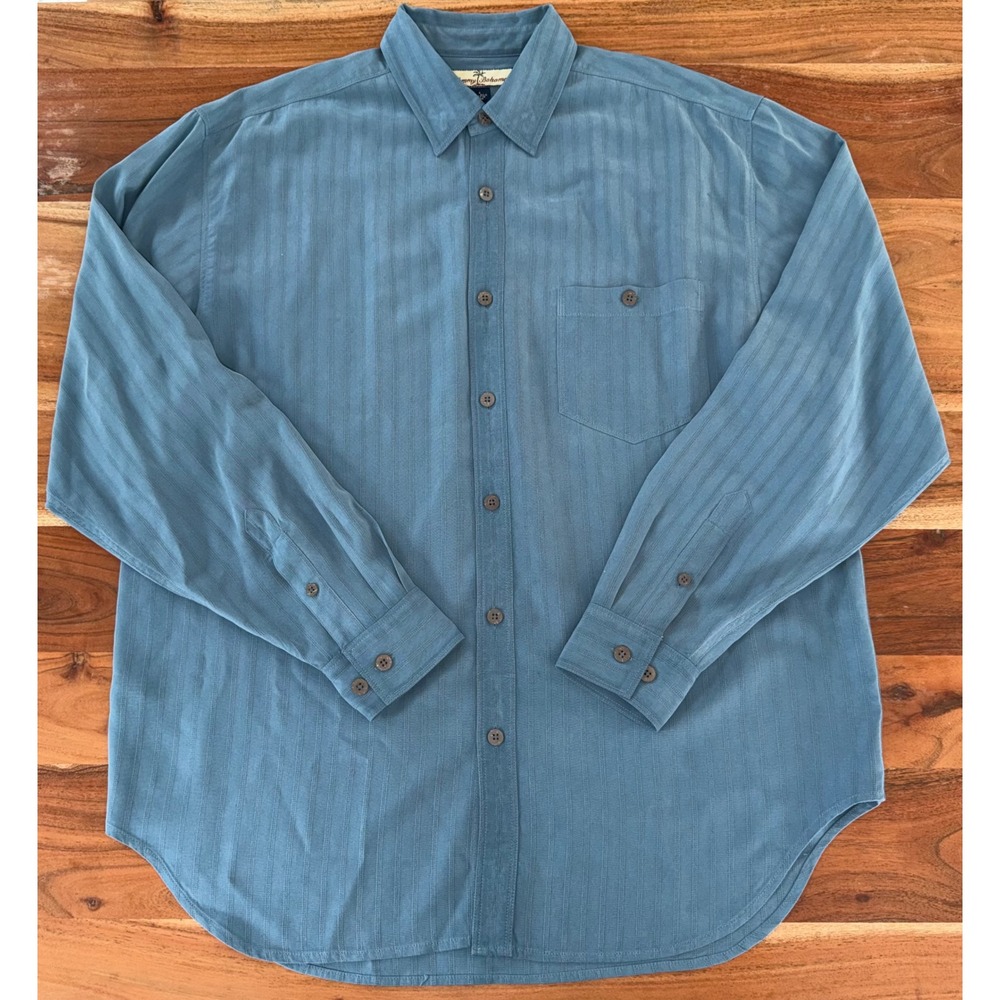 Tommy Bahama Men Medium 100% Silk Long Sleeve Button Down Shirt Blue Gray Stripe